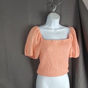 Emory Park Smocked Puff Sleeve Square Neck Cropped Top Women's M Peach